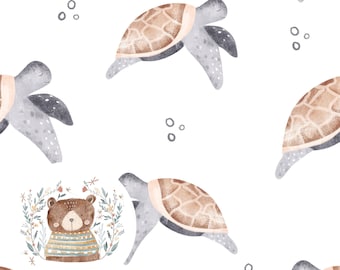 May include: A seamless pattern featuring brown and gray watercolor turtles with floral accents. The pattern is set on a white background.