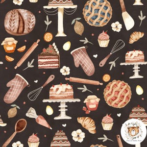 Wzór Baker Seamless Wzór powtarzania pieczenia dla tkaniny Ciasto papier cyfrowy PIECZENIE bezszwowe Sublimacja żywności Deser Bezszwowy wzór chleba