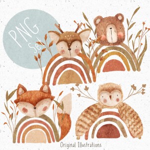 Ensemble de 4 images PNG pour sublimation animaux de la forêt Clipart forêt PNG ensemble téléchargement arc-en-ciel Clipart animal mignon renard PNG cerf Clipart hibou png automne