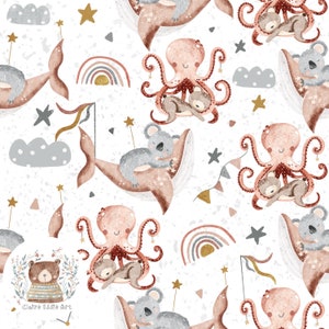 May include: A seamless pattern featuring watercolor illustrations of a koala, octopus, and bear sleeping in a whale, with rainbow accents and gold stars. The pattern is on a white background with a speckled texture.