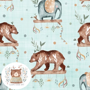 May include: A seamless pattern featuring brown bears, elephants, and greenery on a light blue background. The bears and elephants are standing on branches with colorful streamers hanging from them. The pattern is perfect for fabric, wallpaper, or wrapping paper.