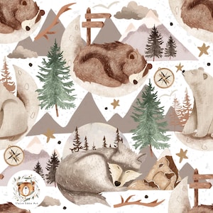 Seamless Woodland repeat pattern for fabric Bear digital paper Wolf sublimation Polar bear repeat pattern moon Seamless Forest pattern
