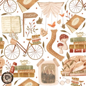 Peut inclure: Illustration à l'aquarelle avec un motif répété de livres, vélos, papillons, champignons et un cerf endormi. Le motif comprend une enseigne de librairie, une écharpe et une tasse à thé, le tout dans des tons chauds sur fond blanc.