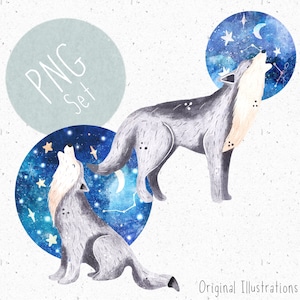 2 PNGs for sublimation Wolf Clipart Bundle Wolf howling PNG Set Space Clipart Galaxy PNG Cute wolves Clipart Celestial PNG Moon clipart Star