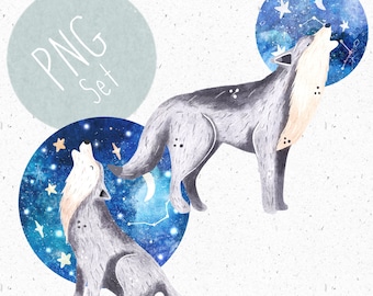 2 PNGs for sublimation Wolf Clipart Bundle Wolf howling PNG Set Space Clipart Galaxy PNG Cute wolves Clipart Celestial PNG Moon clipart Star
