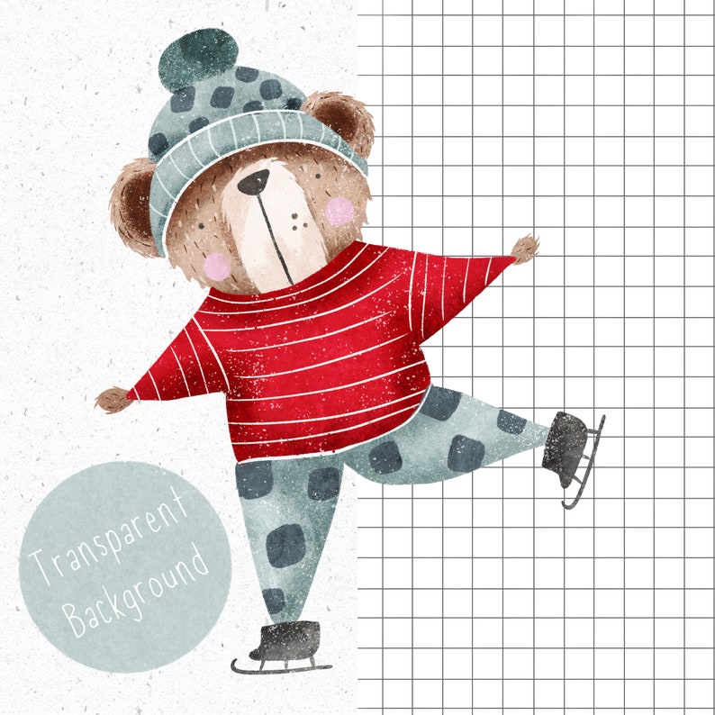 Puede incluir: Un oso de dibujos animados que lleva un gorro azul y blanco y un jersey a rayas rojas y blancas est&aacute; patinando sobre hielo. El oso lleva pantalones azules con lunares blancos. El fondo es una cuadr&iacute;cula blanca.