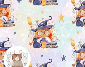 Archivo sin costuras de Halloween Diseño infantil espeluznante en colores pastel para tela Patrón sin costuras repetido de bruja linda Papel digital de bruja Sublimación mágica