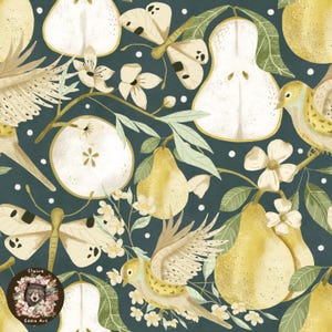 Motivo senza soluzione di continuità a forma di pera Ripeti il motivo per tessuto Carta digitale a forma di frutta estiva Colibrì senza soluzione di continuità Motivo alimentare Floreale a forma di libellula senza soluzione di continuità