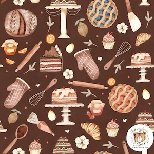 Può includere: Uno schema senza cuciture che presenta vari articoli da forno e pasticceria, tra cui torte, crostate, biscotti e pane. Lo schema è su uno sfondo marrone con uno stile acquerello. Lo schema include una varietà di colori, tra cui rosso, blu, verde, giallo e marrone.