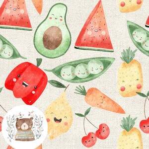 May include: A colourful illustration featuring various fruits and vegetables with smiling faces. The illustration includes a watermelon, avocado, bell pepper, lemon, pineapple, peas, cherries, and carrots.