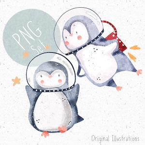 2 PNGs for sublimation Space Clipart Cute Penguin PNG Newborn Sublimation Spaceman Clipart Baby boy PNG Stars Clipart Penguin Download