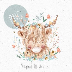 PNG para sublimação Highland Cow Clipart Vaca fofa PNG Vaca floral Clipart Highland cow PNG sublimação de vaca novo bebê png animal de fazenda Clipart