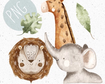 5 PNG para sublimación, conjunto de Safari PNG, PNG de jungla para ropa infantil, PNG de león, Clipart de elefante, Paquete de PNG de animales de la jungla, Clipart de jirafa BOHO