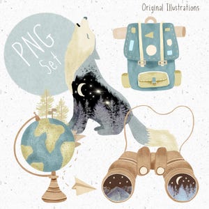 May include: A set of five digital illustrations featuring a wolf howling at the moon, a backpack, a globe, binoculars, and a paper airplane. The illustrations are in a watercolor style with a blue and brown color scheme.