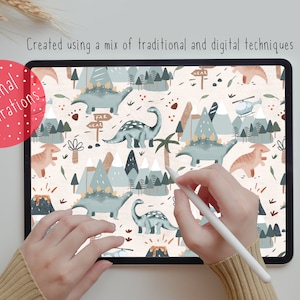 Puede incluir: Una ilustraci&oacute;n digital de un patr&oacute;n repetitivo con dinosaurios, monta&ntilde;as, &aacute;rboles y un helic&oacute;ptero. El patr&oacute;n est&aacute; en tonos de azul, verde, marr&oacute;n y beige. El texto "Far" y "Near" est&aacute; en un poste indicador.