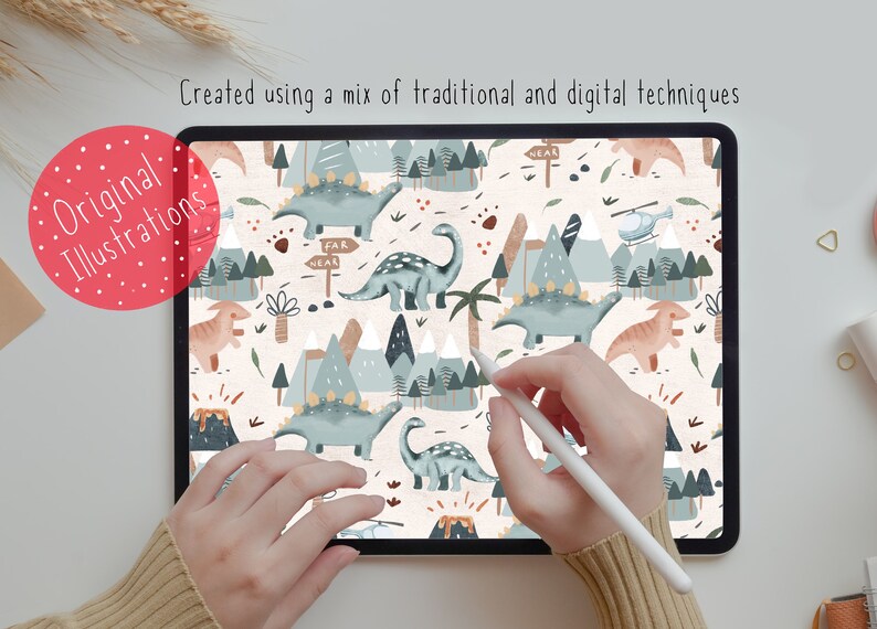 Puede incluir: Una ilustraci&oacute;n digital de un patr&oacute;n repetitivo con dinosaurios, monta&ntilde;as, &aacute;rboles y un helic&oacute;ptero. El patr&oacute;n est&aacute; en tonos de azul, verde, marr&oacute;n y beige. El texto "Far" y "Near" est&aacute; en un poste indicador.