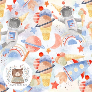 Helado patrón sin costuras Cohete patrón de repetición para tela Astronauta papel digital Niños patrón espacial Planetas diseño de tela Luna sin costuras