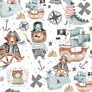 Pirate Seamless File Ragazzi ripetono il modello per tessuto Sublimazione della nave pirata Documenti digitali nautici Album di animali Modello senza cuciture del mare