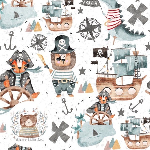 Pirate Seamless File Boys motif répété pour tissu Pirate Ship sublimation Papiers numériques nautiques Animaux scrapbook Modèle sans couture de mer