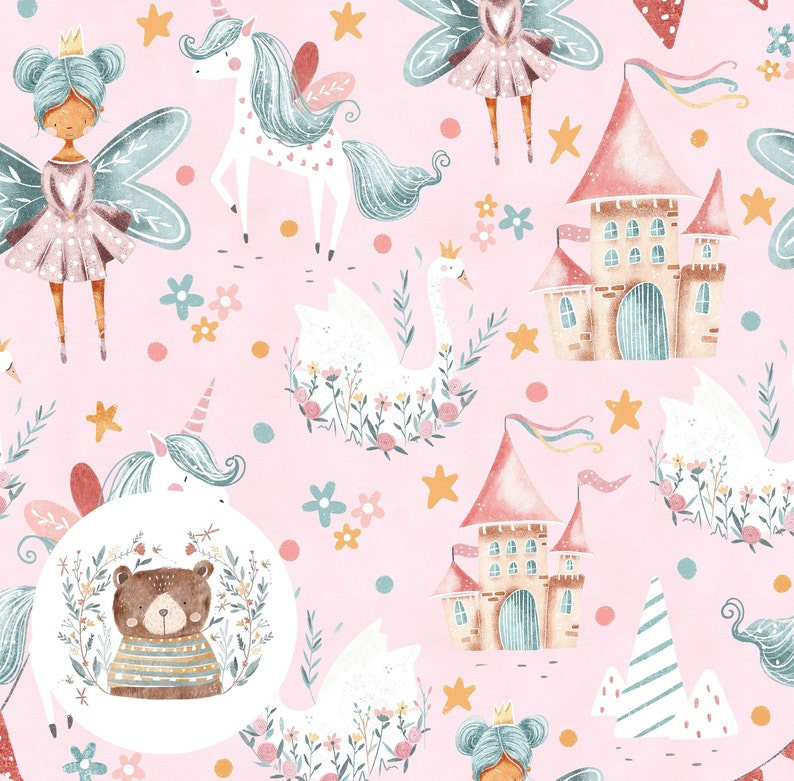 May include: A pink and white seamless pattern featuring a unicorn, a swan, a fairy, a bear, and a castle. The pattern is ideal for fabric, wallpaper, or wrapping paper.