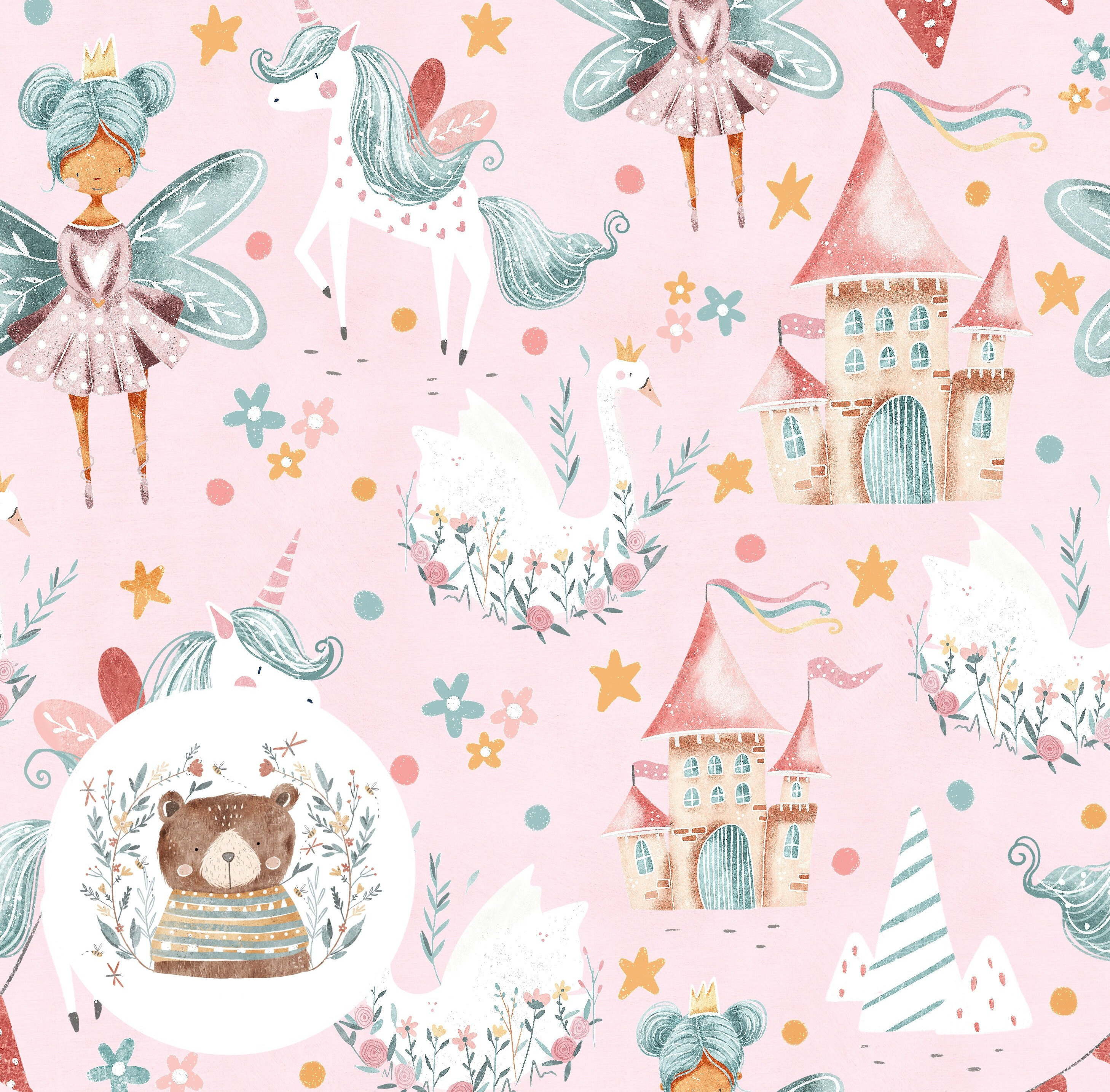 Seamless Pattern Fairy Seamless Digital Paper unicorn Scrapbook Paper swan Repeat Pattern for fabric Unicorn Seamless pattern commercial use