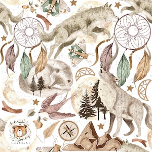 Wolf Seamless Pattern Howling wolf repeating pattern for fabric Moon seamless pattern Celestial repeat design Dreamcatcher seamless BOHO