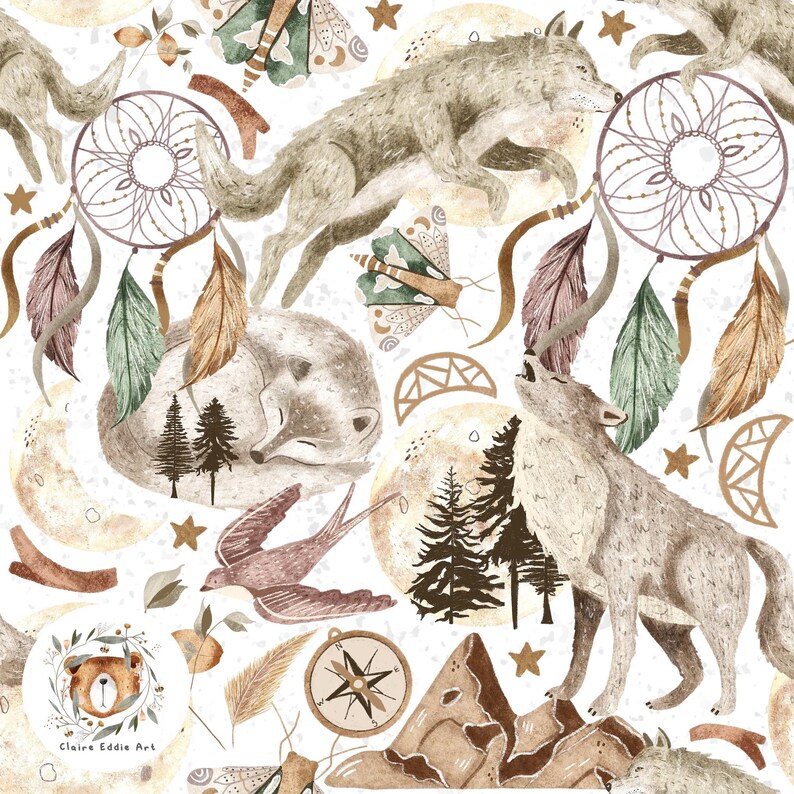 Wolf Seamless Pattern Howling Wolf Repeating Pattern for Fabric Moon ...