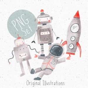 Conjunto de 4 PNG para sublimación Robot PNG Bebé niño Ropa png Espacio Clipart Acuarela Clipart Cohete comercial PNG robot Clipart niños