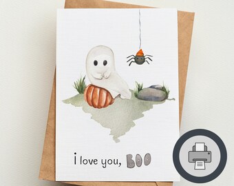 I Love You Boo | Printable digital greeting card | Funny Halloween cards | Cute ghosts | Puns | Couples | Boyfriend Girlfriend