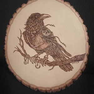 Handmade Wood Burning Steampunk Raven