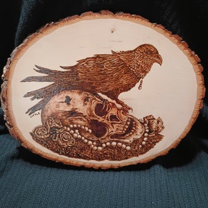 Wood Burning Skull and Raven