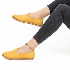 Womens Yellow Color Leather Handmade Slip On, Turkish Shoes, Handmade Flat Shoe, Gift for Her, Yellow Loafers, Mothers Day Gift