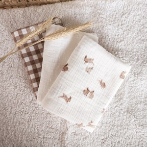 Set of 3 BUNNY baby swaddles in double cotton gauze 50x50cm