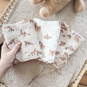 Set of 3 FOREST baby swaddles in double cotton gauze 50x50cm