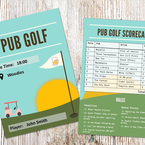 Bewerkbare Pub Golf/Bar Golf Scorekaart Direct downloaden