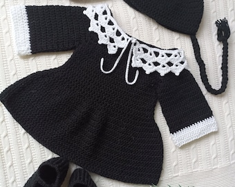 Halloween baby costume,Wednesday Baby outfit,Black baby set,Knitted Baby set, Newborn outfit newborn photo