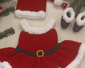 Baby christmas costume Crochet Baby Dress, Take Home Baby Outfit, Coming Home Dress, Crochet Newborn Outfit, Infant dress ,hat boot set