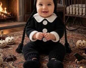 Costume da Mercoledì Addams per neonato, pagliaccetto gotico all'uncinetto, vestito da Mercoledì per neonato, costume di Halloween fatto a mano per bambina, colletto alla Peter Pan per neonato