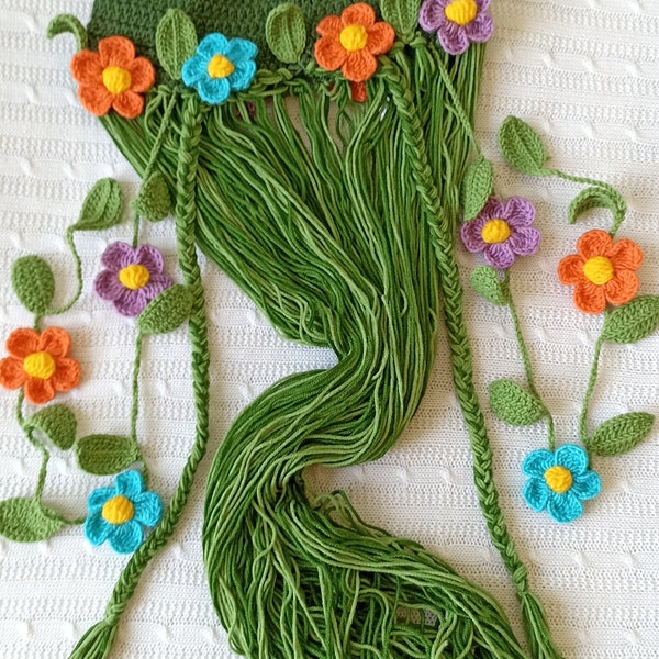Mother Nature costume,Long green wig,Girls Halloween costume Crochet hat Crochet wlg,Moana costume