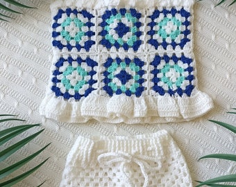 White crochet granny colorful baby suspender sweater shorts set, newborn toddler costume, granny squares. gift for mother