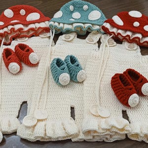 Knitted mushroom costume, mushroom overalls set, newborn baby set, mushroom hat, baby overalls set,forest newborn photography