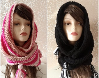 Wednesday Snoods Black Snoods Crochet Black Snood Crochet Wool  Snood With Black and White Tassels