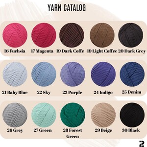 May include: Yarn catalog with color swatches of different shades of yarn. The colors include fuchsia, magenta, dark coffee, light coffee, dark grey, baby blue, sky blue, purple, indigo, denim, grey, green, forest green, beige, and black.