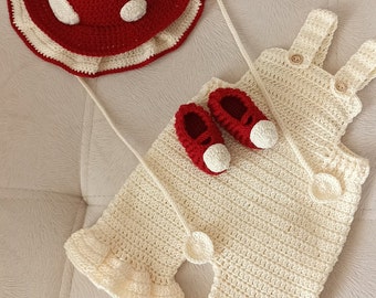 Knitted mushroom bucket hat overalls booties set, Newborn mushroom costume, mushroom sprite outfit, newborn costume for spring