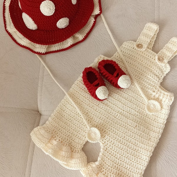 Knitted mushroom bucket hat overalls booties set, Newborn mushroom costume, mushroom sprite outfit, newborn costume for spring