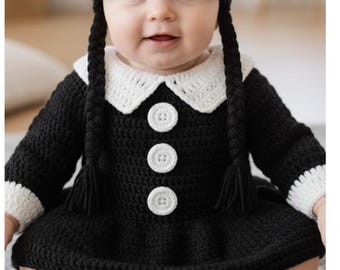 Set all'uncinetto di Mercoledì Addams/set per bambina/accessorio fotografico per neonato/costume di Halloween per neonati/costume di Mercoledì Addams/regalo per baby shower
