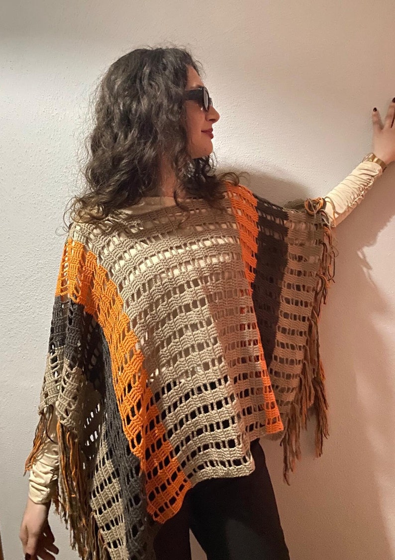 thumbnail image 2 of Hand Crochet Blue Poncho With Beaded Fringe - One Size, Women's 2 of 5