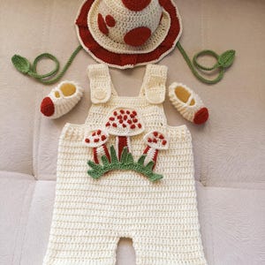 Knitted mushroom costume, mushroom overalls set, newborn baby set, mushroom hat, baby overalls set,forest newborn photography