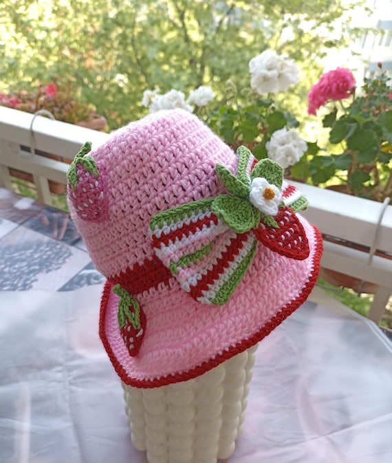 Handmade Strawbery  Crochet Hat with Floral Design Strawberry Shortcake Crochet Hat – Wild Dandi main image 3