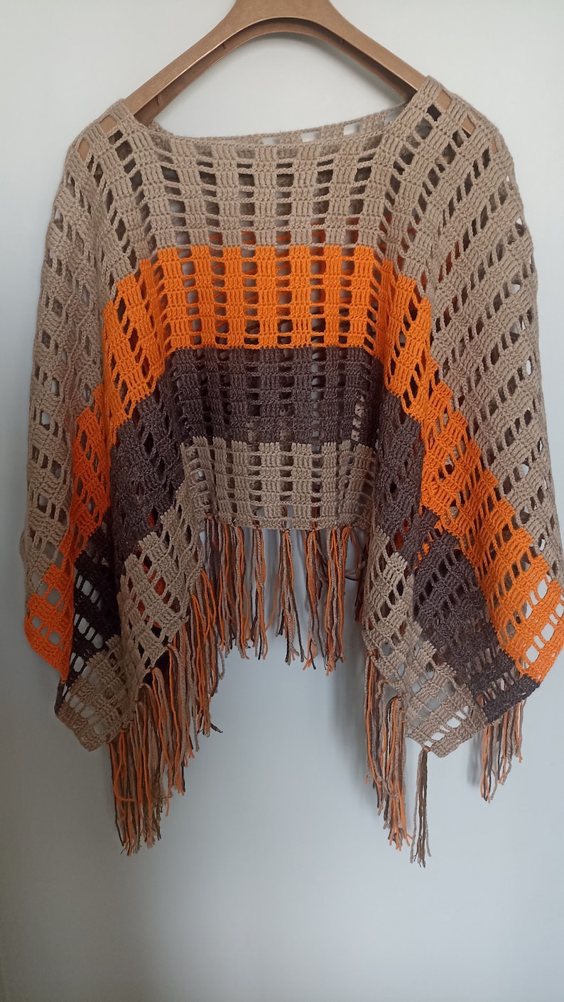 Crochet poncho, fringed poncho triangle poncho, shrug, colorful shawl crochet braids zdjęcie 6